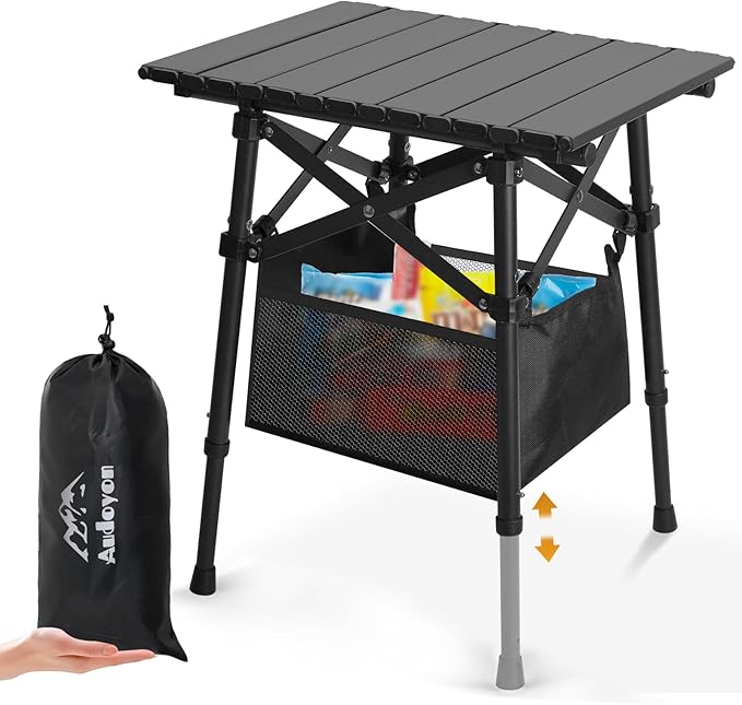 Folding Camping Table - Small Outdoor Table with Storage Bag - Adjustable Height 14.2'' &amp 18.9'' Portable Lightweight Aluminum Foldable Side Table for Picnic BBQ Beach &amp Tailgating (Small)