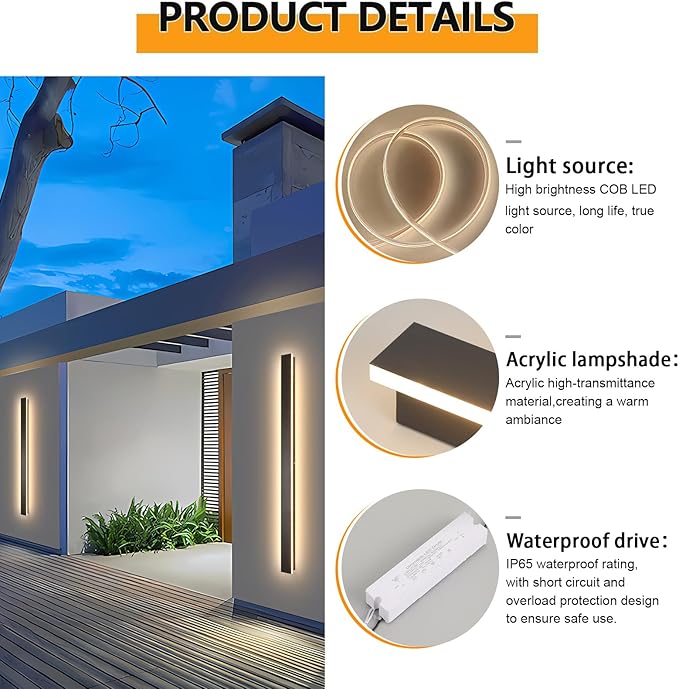 Modern Outdoor Lights Fixture92.5inch Exterior Porch Lights Fixture Wall Mount3000K Rectangular Black Linear Long LED Outdoor Entrance Wall Sconce Lighting for GarageFront Door