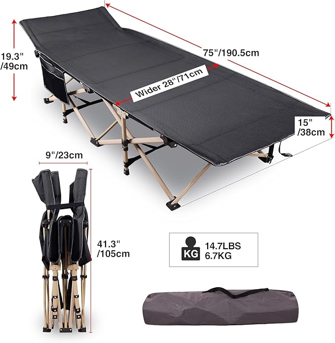 REDCAMP Folding Camping Cots for Adults Heavy Duty 28 Extra Wide Sturdy Portable Sleeping Cot Black 2-Pack