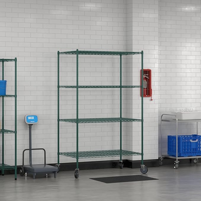 Commercial NSF Listed Green Epoxy Mobile Wire Shelving Kit 30 x 48 x 80 with 4 Shelves Perfect for Warehouse Walk-in Refrigerator Freezer Grocery Store Restaurant Dishroom