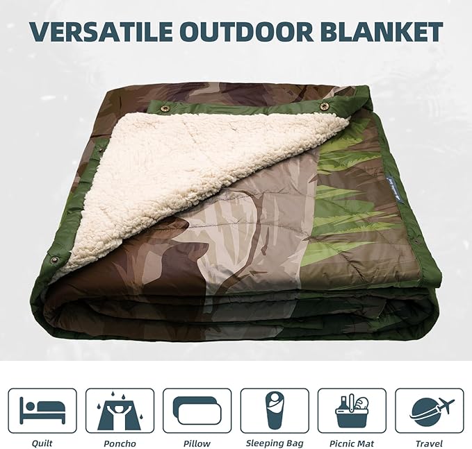 Outdoor Camping Blanket with Sherpa Lining Extra Warm Thick Camp Blankets and Puffy Ultralight Soft Poncho DWR Camping Quilt for Cold Weather Adventure Sleeping Backpacking 78x 56
