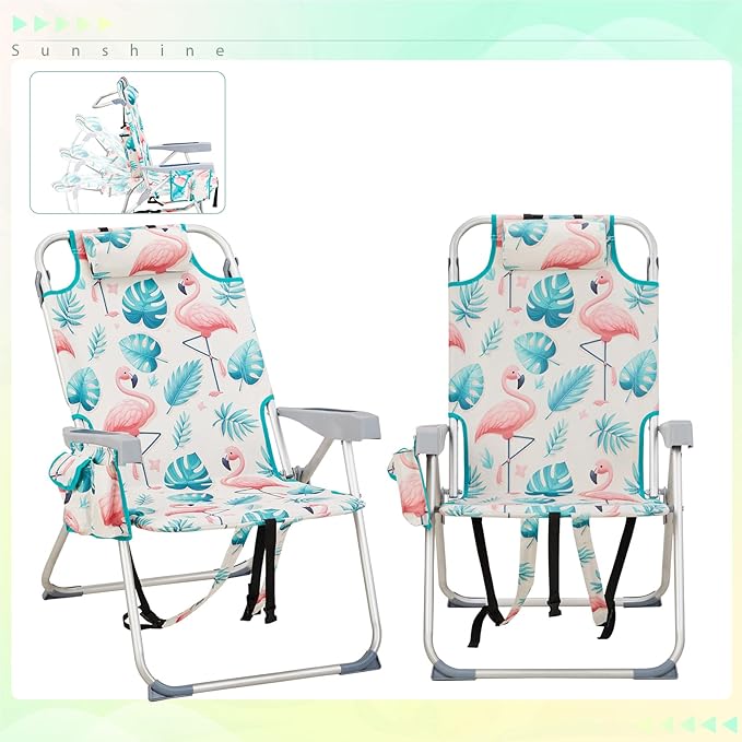 Folding Backpack Beach Chairs Portable 5-Position Aluminum High Beach Chairs for Adults with Storage Pouch Towel Bar (Flamingo)