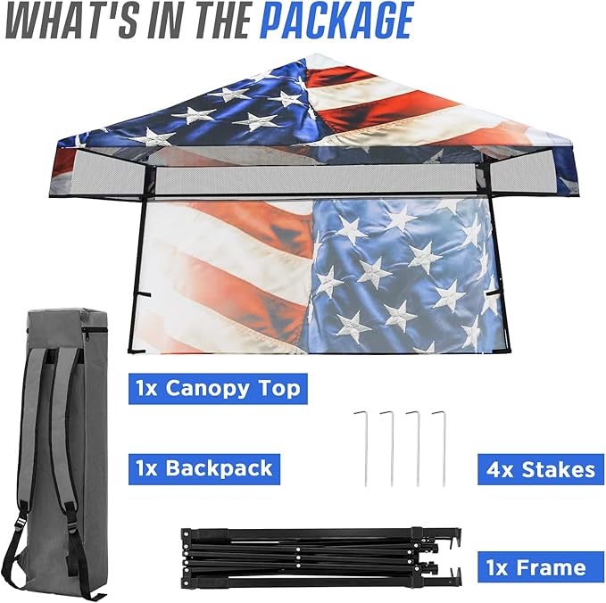 EAGLE PEAK 8x8 Pop Up Canopy Tent with Sidewall Compact Portable Slant Leg Instant Sun Shelter for Beach Sports &amp Camping 8x8 Base 6x6 Top Stars and Stripes