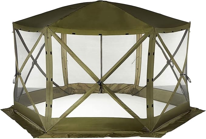 CLAM Pop Up Screen Tent Outdoor Camping Gazebo Canopy Pavilion 12.5' Green - Heavy-Duty Portable Screened Shelter with Netting for Beach Patio and Backyard