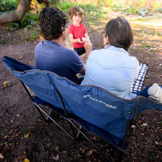 Black Sierra Double Padded Folding Camping Chair Oversized Folding Camp Sofa Portable Outdoor Loveseat Supports 500 lbs Perfect for Beach Tailgating RV Sports Patio