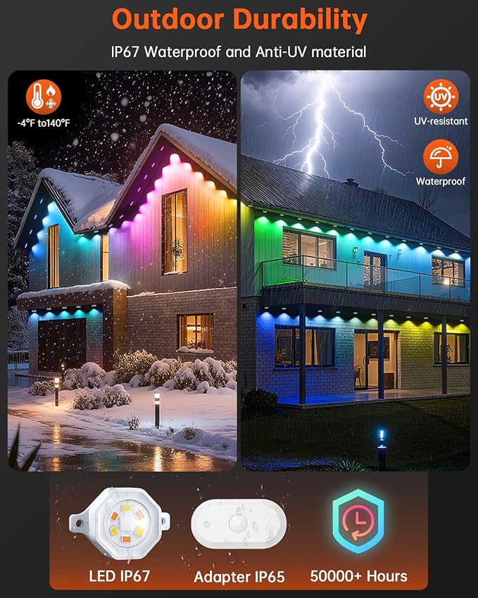 YAYZA! Permanent Outdoor Lights Pro150ft 108 LED Smart RGB+IC+Warm/Cool White Christmas Eave Lights 135lm Music Sync &amp DIY Scenes IP67 Waterproof for Outside Decor Works with AlexaGoogle Rem