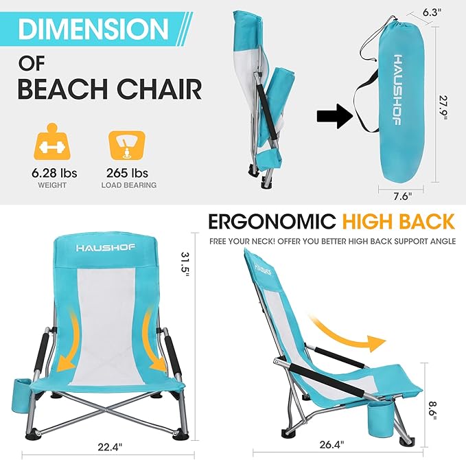 HAUSHOF High Back Beach Chair Mesh Back Folding Chair Lightweight Low Seat Camping Chairs with Cup Holder Carry Bag Padded Armrest for Outdoor Beach Lawn Camping Picnic Festival