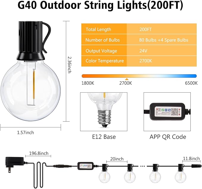 echosari Outdoor String Lights with APP Control 200FT G40 LED String Lights for Outside with 84 Shatterproof Bulbs Hanging Patio Lights for Balcony Apartments Backyard BistroGarden Porch Party