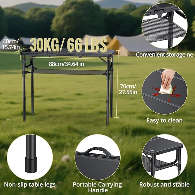 Anbte Folding Camping Table with Storage Net 3ft Camping Table Aluminum Folding Table with 3 Adjustable Height Max 27.5 Inch Picnic Table Portable Table for Outdoor Backyard BBQ Pure Black