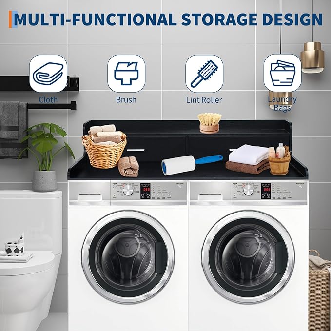 Laundry Countertop for Washer and Dryer 54''W x 27.55''D with 2 Storage Drawers &amp Edge Rails Black MDF Top for Laundry Room Organization