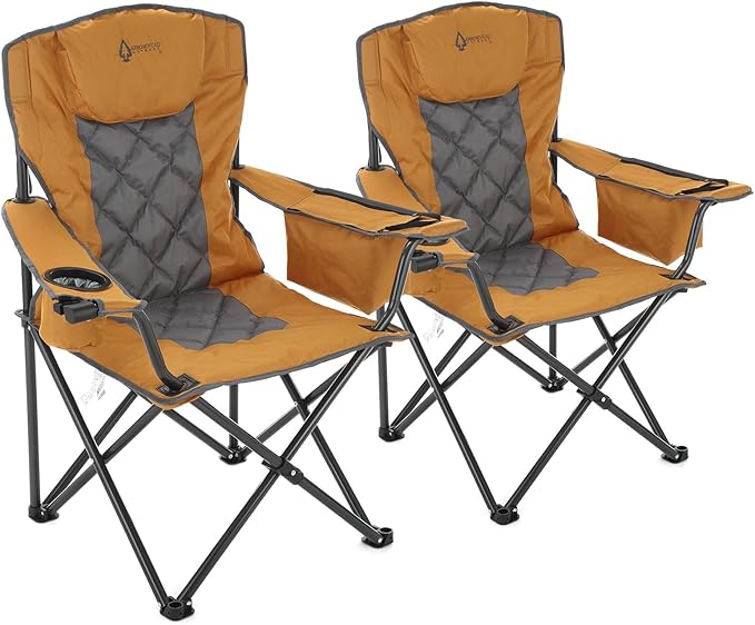 ARROWHEAD OUTDOOR 2-Pack Portable Folding Camping Quad Chair w/ 6-Can Cooler Cup &amp Wine Glass Holders Heavy-Duty Carrying Bag Padded Armrests Headrest &amp Seat Supports up to 550lbs