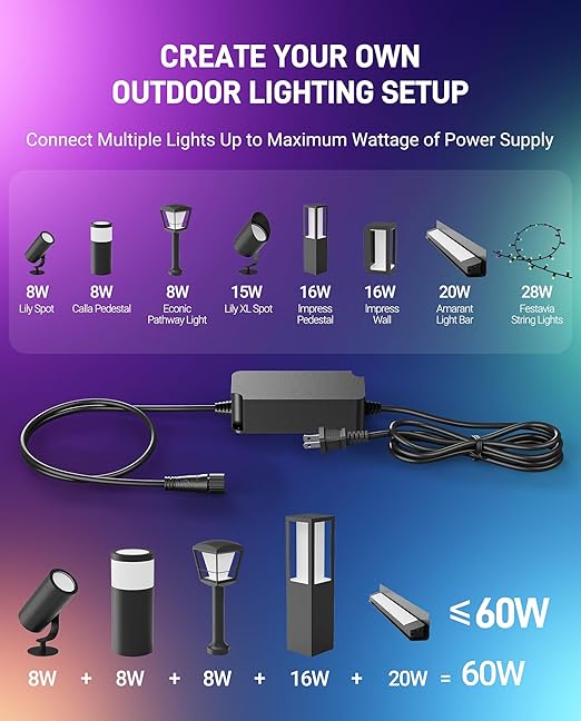 60W Power Supply for Philips Hue Outdoor Low Voltage Lighting Weatherproof Power Adapter Replacement for Lily Spot/XL Spot Calla Pedestal Econic Pathway Amarant Light Bar (6.9Ft)