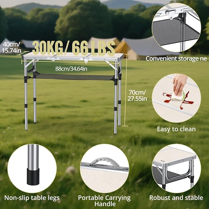 Anbte Folding Camping Table with Storage Net 3ft Camping Table Aluminum Folding Table with 3 Adjustable Height Max 27.1 Inch Portable for Outdoor Backyard BBQ Silver