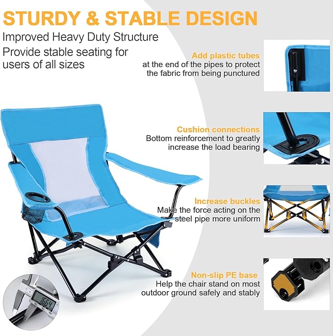Joyfair Beach Camping Chair (2 Pack) Outdoor Folding Lawn Chair for Adults Heavy Duty Portable Chair with Armrest for Outside Fishing Sport Patio Cup Holder &amp Storage Pocket Carry Bag (Blue)