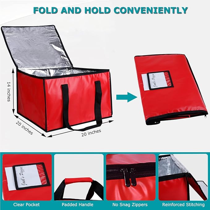 cherrboll Insulated Pizza Delivery Bag 20 by 20 by 14 -Inch Commercial Grade Food Delivery Bag Moisture Free (Red)