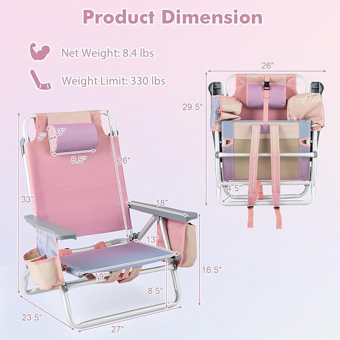Giantex Folding Beach Chair Patio Sling Chairs with 5 Adjustable Position Head Pillow Storage Bag Towel Bar Cup Holders Backpack Chairs for Sunbathing Camping Chair