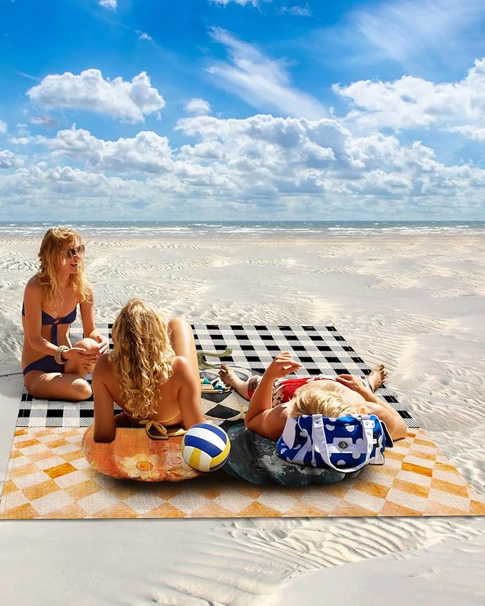Beach Blanket Waterproof Sandproof Fall Thanksgiving Pumpkin Black Buffalo Plaid Quick Drying Beach Mat with 4 Stakes Orange Lattice Vintage Linen Lightweight Picnic Blanket for Travel 108x84