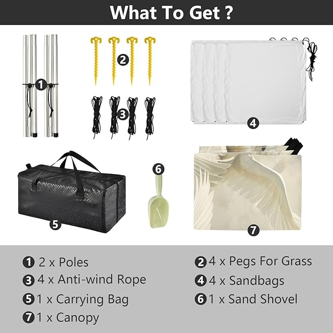 White Swan Pattern Beach Tent Sun Shelter 9.2' x 10.5' Beach Canopy with 4 Sandbags 4 Stability Poles Sand Shovels - Tent Canopy for Beach Camping Fishing Picnics