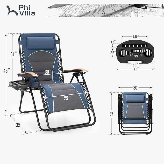 PHI VILLA XXL Oversized Padded Zero Gravity Chair Set of 2 Foldable Patio Recliner 30 Wide Seat Anti Gravity Lounger with Armrest and Cup Holder Support 400 LBS (Blue Accents)