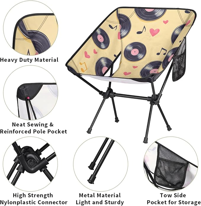 Folding Camping Chair Music Love Heart Camping Chairs Lightweight Portable Chair Outdoor Foldable Chairs for Camping Travel Picnic Beach Hiking