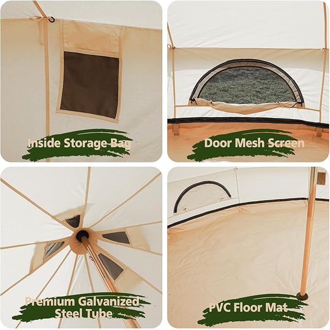 Glamcamp Bell Tent4 Seasons Breathable Cotton Canvas Yurt Tent - w/Stove JackLuxury Camping Tent OutdoorZipped Removable Floor