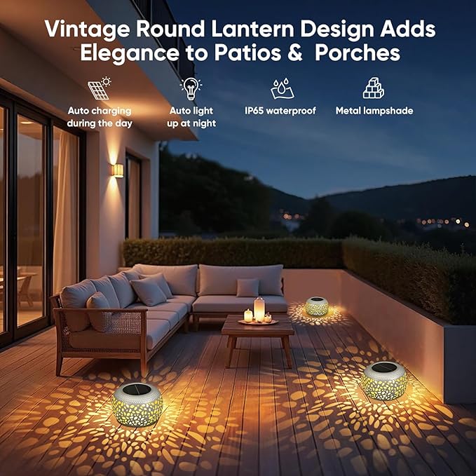 Solar Lanterns Outdoor Waterproof: 4 Pack White Hollow Out Metal Solar Lights - 2 Lighting Colors Outside Patio Garden Yard Porch Indoor Tabletop Decorations - Unique Gifts for Women Mom Wife