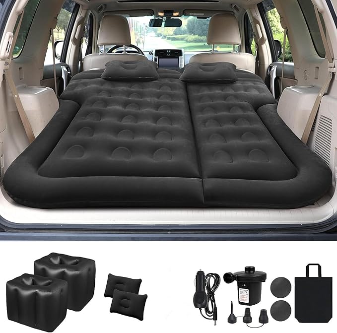 Vikuces® SUV Air Mattress Car Camping Travel Bed Car Air Mattress Back Seat BedThickened Inflatable Mattress with Two Air Pillow Full Size Blow Up Sleeping Pad(Black)