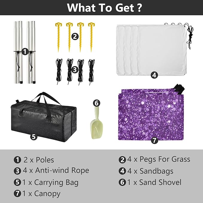 Purple Glitter Texture Beach Tent Sun Shelter 9.2' x 10.5' Beach Canopy with 4 Sandbags 4 Stability Poles Sand Shovels - Tent Canopy for Beach Camping Fishing Picnics