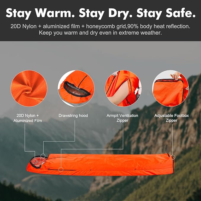 Emergency Sleeping Bag Thermal Bivvy Lightweight Survival Sleeping Bags Thermal Bivy Sack Portable Compact Waterproof Reusable for Camping Hiking Outdoor Activities