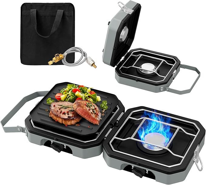 Camping Stove Portable Propane Camp Stove with Independently Adjustable Heat &amp 2 Burners Foldable Gas Stove with Carry Bag for Outdoor CookingTailgating &amp Backyard Gathering（Gray）