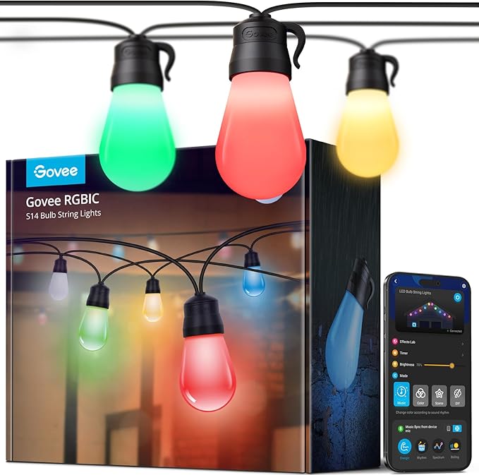 Govee Smart Outdoor String Lights H7029 24ft RGBIC Outdoor Lights with 8 Dimmable LED Bulbs IP65 Waterproof Color Changing Warm White Lights with 47 Scene Modes for Patio Backyard App Control