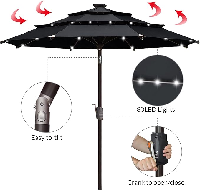 EliteShade USA 10-Year-Non-Fading Solar 9ft 3 Tiers Market Umbrella with 80 LED Lights Patio Umbrellas Outdoor Table with VentilationBlack