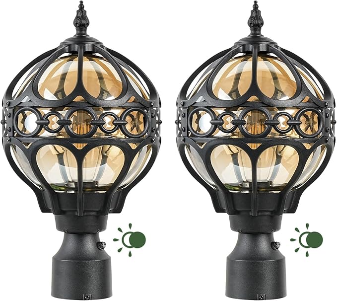 2 Pack Dusk to Dawn Outdoor Globe Post Light Fixtures 13.4 Black Anti-Rust Aluminum Lamp Post Lighting for Patio Garden Driveway Hardwired Post Top Lantern Pillar Light Fits Standard 3 Post