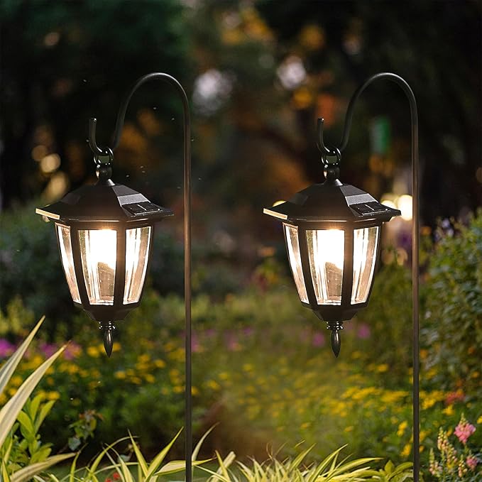 Dynaming 2 Pack Solar Hanging Lights Outdoor Solar Powered Garden Decorative Lanterns with 2 x 38 Inch Shepherd Hooks Waterproof Landscape Lighting for Lawn Patio Yard Pathway Driveway Warm White