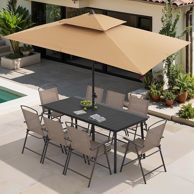Crestlive Products Set of 4 Patio Folding Chairs 4-Pack Dining Chairs Outdoor Portable Sling with Armrest for Camping Beach Garden Pool Backyard Deck (Brown)
