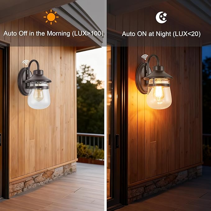 Updated Dusk to Dawn 1-Light Outdoor Wall SconceWaterproof &amp Rust-Proof and Sturdy Metal Lamp Body in Oil Rubbed Bronze Fully Sealed Clear Seeded Glass ShadeBulb Not Included