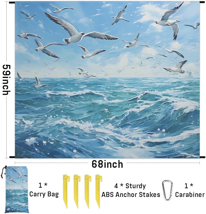 Waterproof Sandproof Beach Blanket 59''×68'' Oceans Polyester Outdoor Picnic Blanket with 4 Stakes &amp Storage Bag for BeachCampingVacation Birds