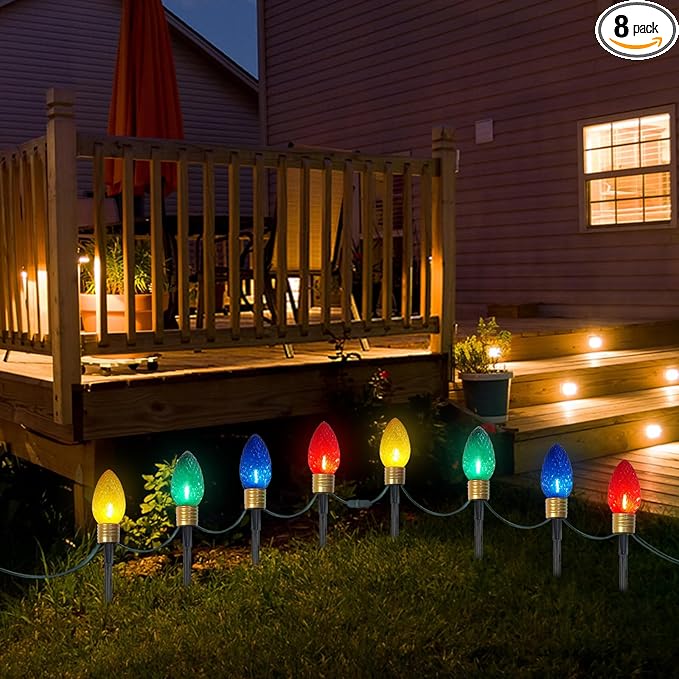 2 Pack Jumbo C9 Christmas Pathway Lights Outdoor Total 14FT 8-Light Multicolor Diamond Connectable Plug in for Walkway Fence Yard Garden