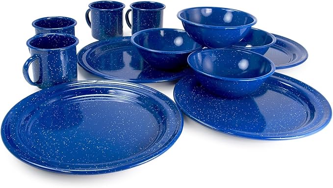 GSI Outdoors Sierra Enamel Table Set for Four with Bowls Plates and Cups for Camping