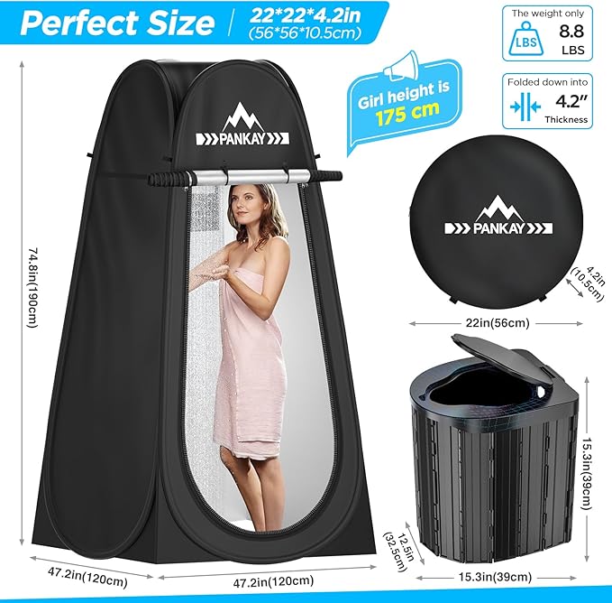 PANKAY Portable Toilet with Pop up Privacy Tent X Large Camping Toilet Portable Potty for Adults Outdoor Shower Tent Changing Room Instant Pop Up Washable Foldable Camp Toilet Kit with Carry Bag