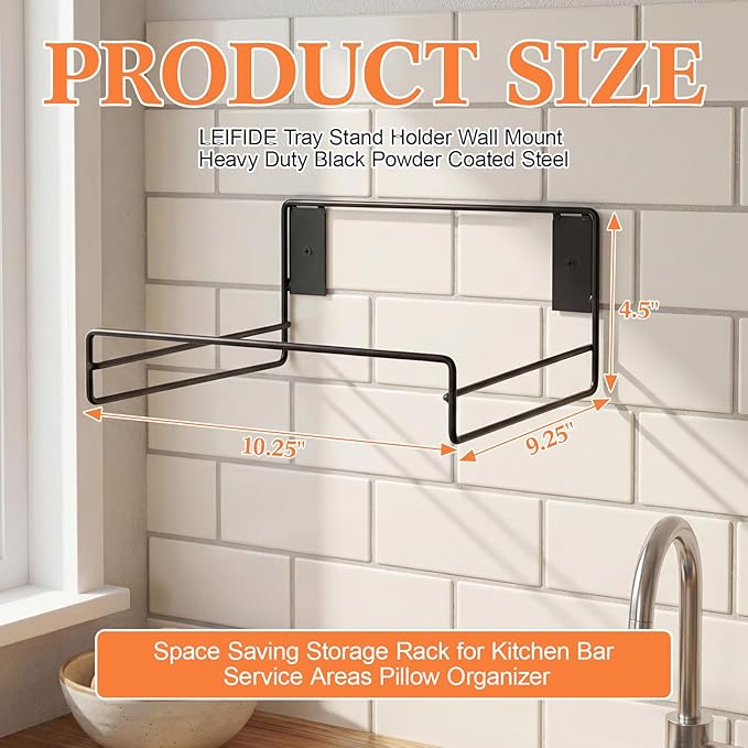 LEIFIDE Tray Stand Holder Wall Mount Heavy Duty Black Steel Plate Rack Shelf Large for Restaurant Kitchen Bar Service Areas Space Saving Storage Display Rack Pillow Organizer 10.25 x 9.25 Inches