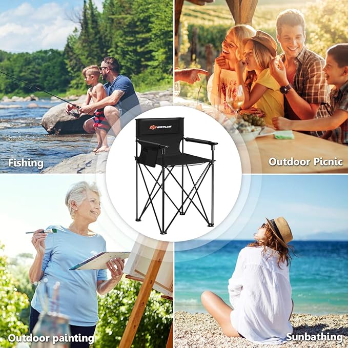 Goplus Folding Camping Chair Outdoor Portable Beach Chair Heightened Design w/Detachable Armrests Storage Pouches &amp Carrying Bag for Fishing Picnic Lawn (Black 250LBS Weight Capacity)