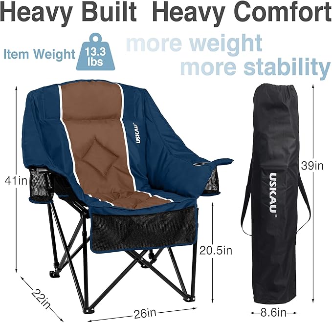 Oversized Camping Chair for Adults - Heavy Duty 400 lbs Padded Folding Chair with Wine Glass Holder 2 Cup Holders &amp Side Pockets Portable Carry Bag for RV Tailgating Lawn