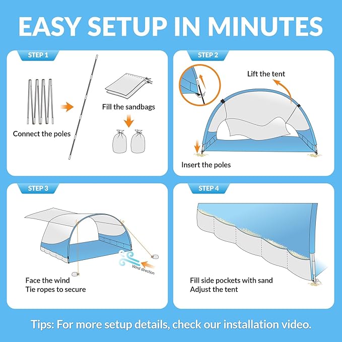 Beach Shade The Classic Wind-Supported Beach Canopy with UPF 50+ Protection 7.5ft Tall Portable &amp Easy Setup for 3-6 People