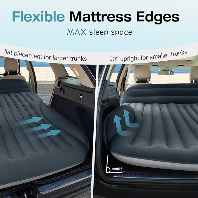 SUV Air Mattress Double-Sided Thick Flocked Car Air Mattress with Built-in Pump &amp Pillow Complete Sleeping Accessories for Auto Camping &amp Road Trips（Dark Gray）
