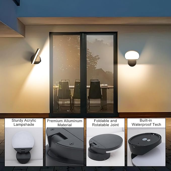 Outdoor Wall Light 18W 1980LM Black Aluminum Outdoor Lights IP65 Waterproof Rotatable Sconce Lighting LED Porch Lights 3000K Foldable Patio Wall Light Fixture for House Garage Round