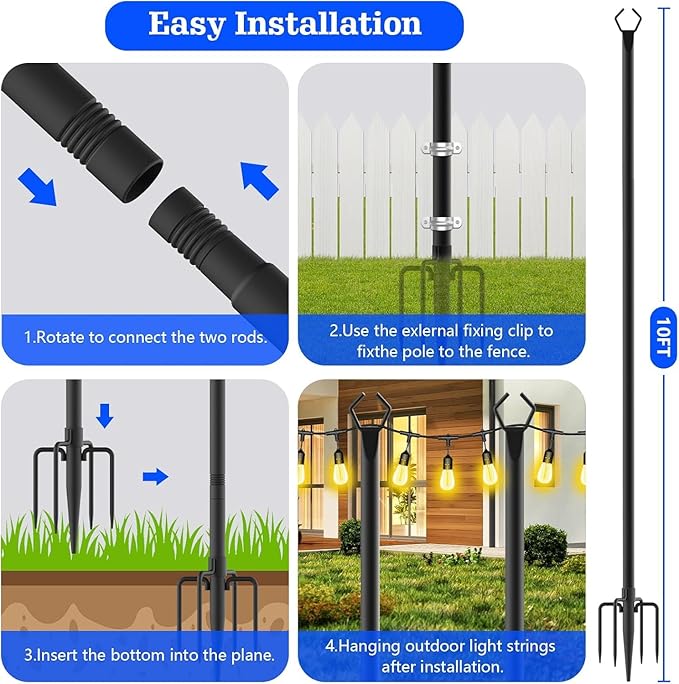 SINLEY 4 Pack String Light Poles10 Ft Metal Poles with Fork for Outdoor String LightsOutdoor Light Poles with ForkPoles/Post/Stand for OutsidePatioDeckBackyardGarden WeddingParty