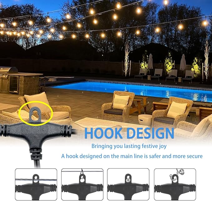 24 Feet Outdoor String Lights | IP65 Waterproof with 13 Shatterproof LED Bulbs | Warm White Patio Lights for Garden Cafe &amp Wedding - 5-Minute Tangle-Free Setup with Hooks