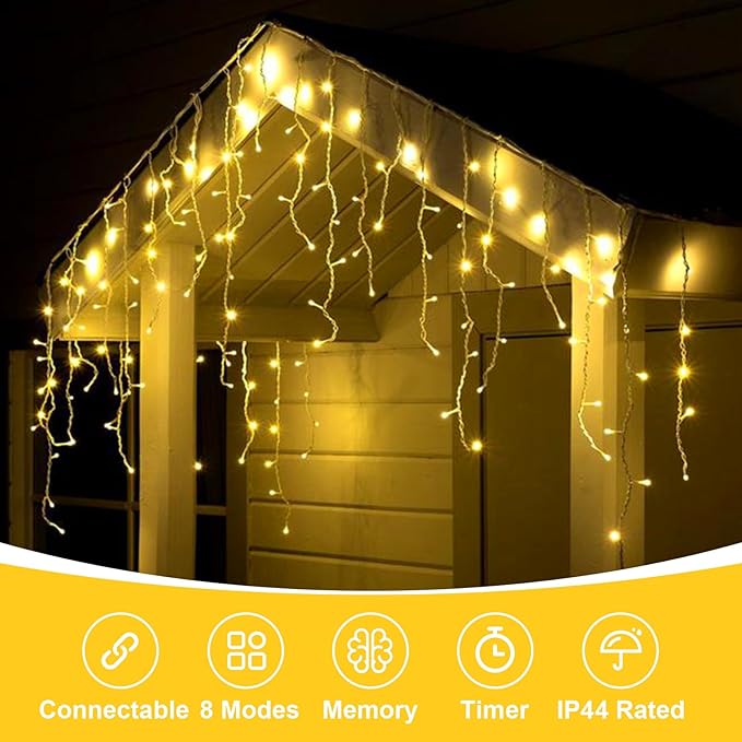 QITONG Warm White Icicle Lights for Outside 66ft 800 LED String Lights Indoor with 8 Modes Clear Wire Connectable Icicle Christmas Light Plug in