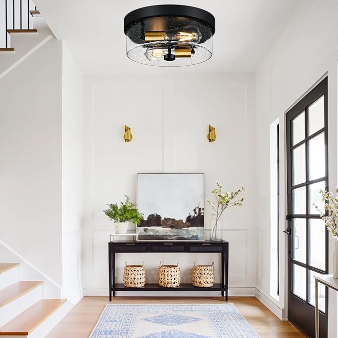 Flush Mount Ceiling Light Fixtures 2-Light Black and Gold Ceiling Mount for Farmhouse with Seeded Glass Lampshade Industrial Flush Mount Light Fixture for Hallway Kitchen Entryway and Foyer